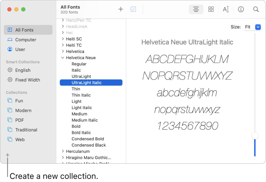 The Font Book window showing the Add button in the lower-left corner to create a new collection.
