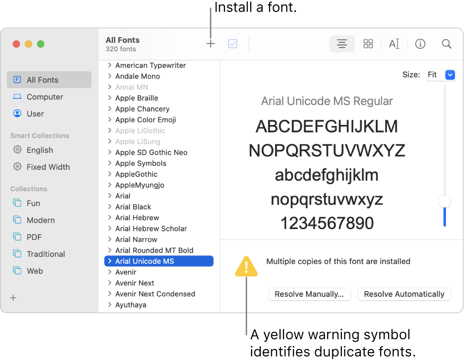 The Font Book window showing the Add button in the toolbar for adding a font and, in the lower-right corner, a yellow warning symbol identifying duplicate fonts.