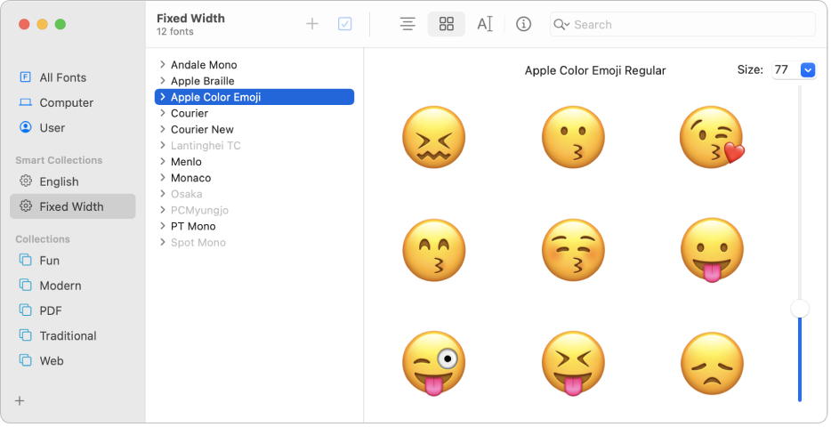 The Font Book window showing a preview of the Apple Color Emoji font.