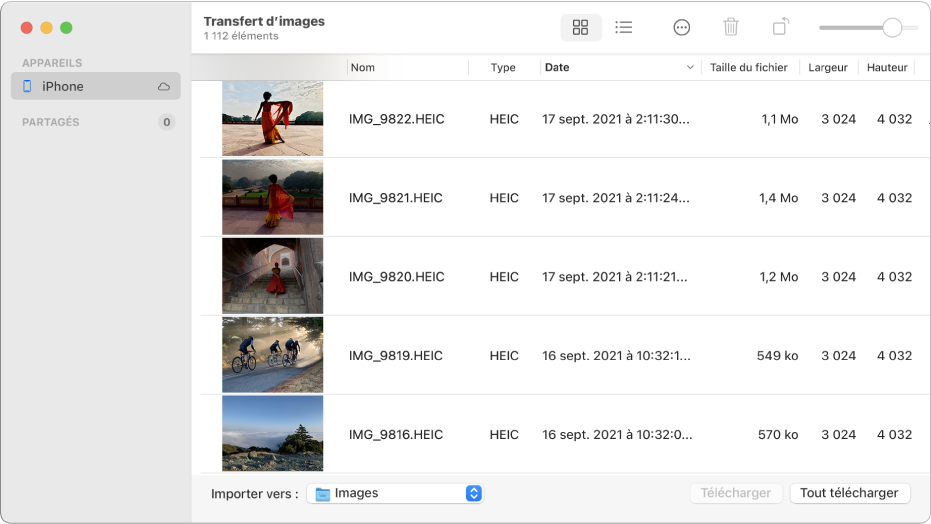 La fenêtre Transfert d’images affichant des images à importer depuis un iPhone.