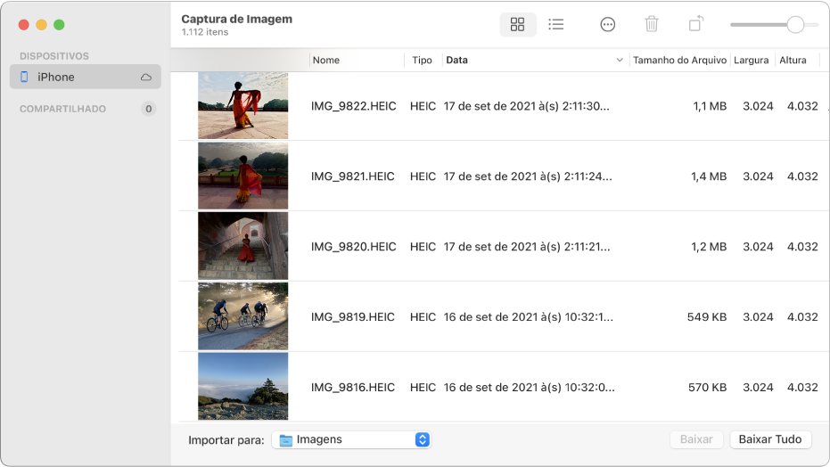 A janela do app Captura de Imagem mostrando imagens a serem importadas de um iPhone.