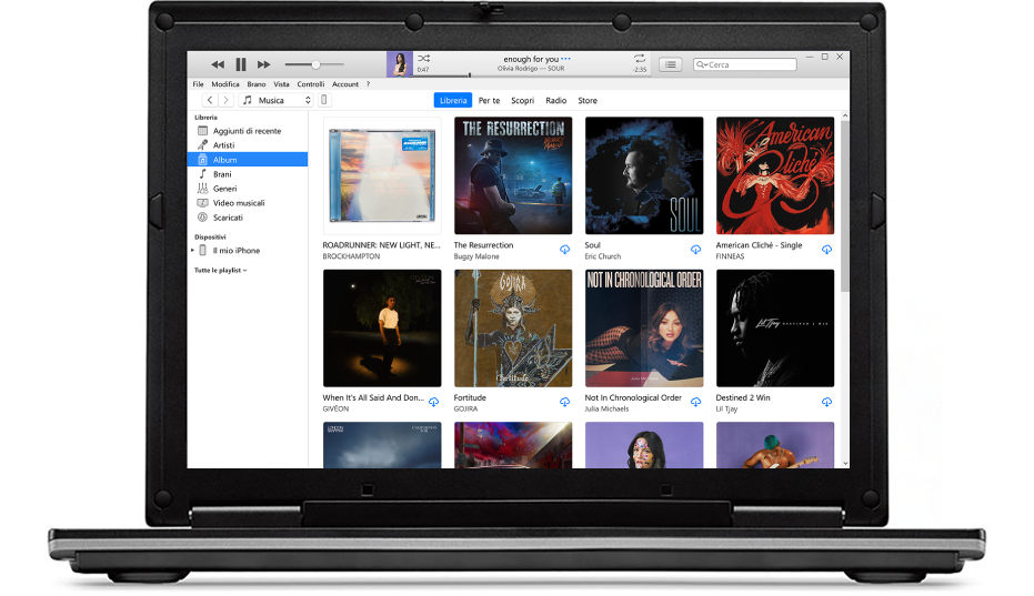 La finestra di iTunes con una libreria di album multipli.
