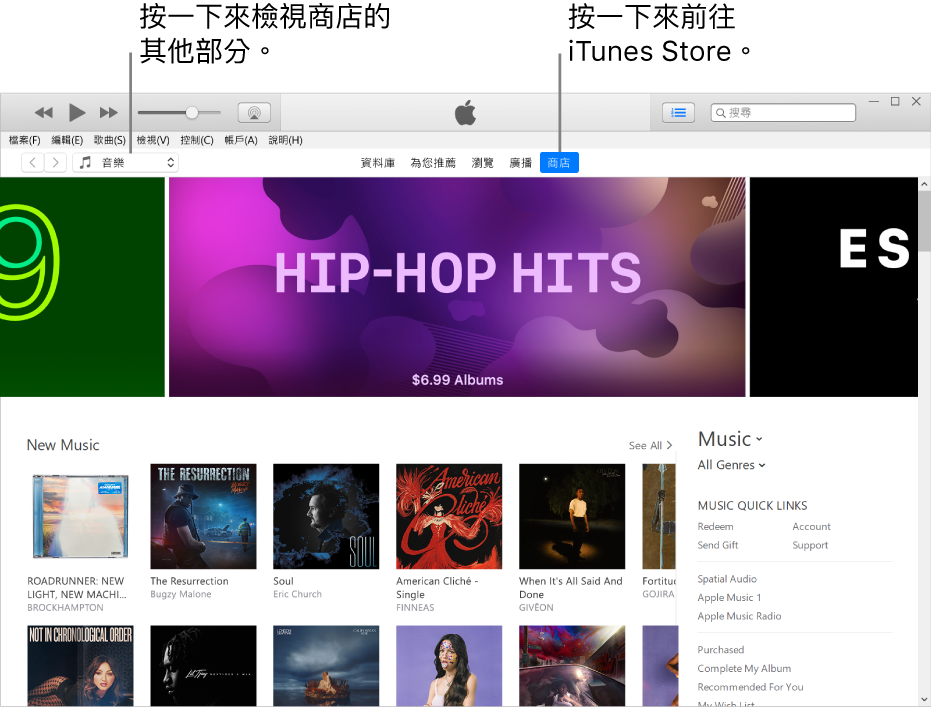 iTunes Store 主視窗:在導覽列中,「商店」已醒目標示。在左上角,選擇以在「商店」中檢視不同內容(例如「音樂」或「電視」)。
