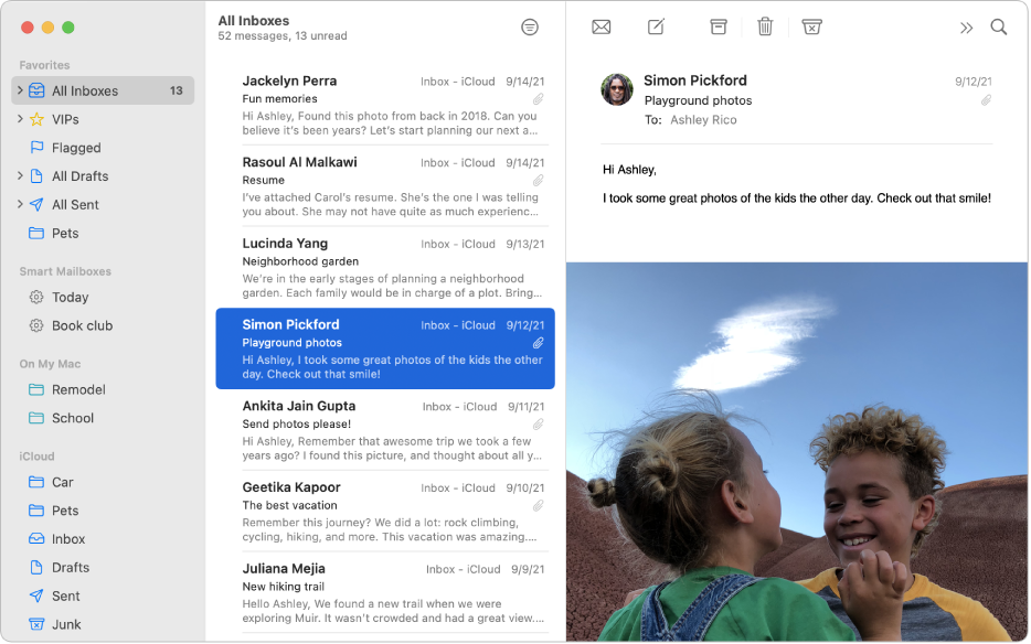 The sidebar in the Mail window showing several mailboxes for an iCloud account.