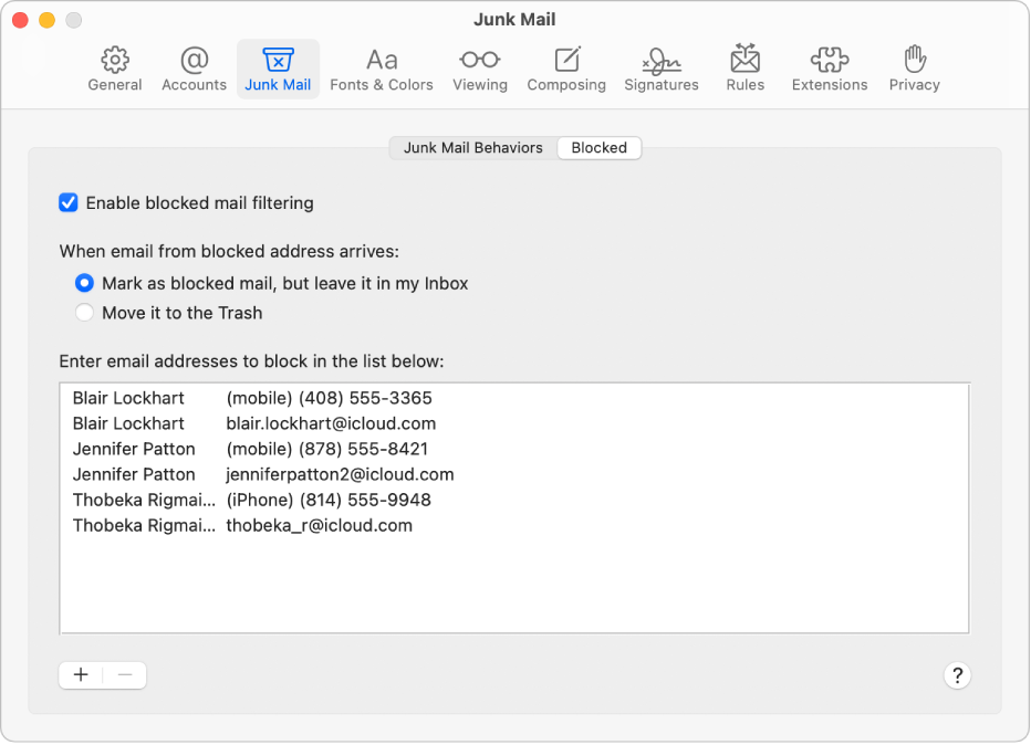 The Blocked preference pane showing a list of blocked senders. The checkbox to enable blocked mail filtering is selected, as is the option to mark blocked mail but leave it in the Inbox upon arrival.