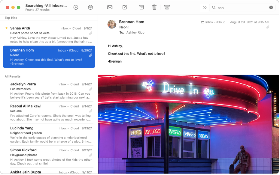 The Mail window with text entered in the search field at the top right. In the message list on the left, the Top Hits section and results are at the top, with the All Results section and results below.