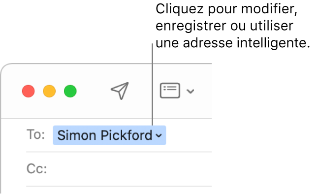 Une adresse intelligente avec la flèche sur laquelle cliquer pour modifier, enregistrer ou manipuler l’adresse.