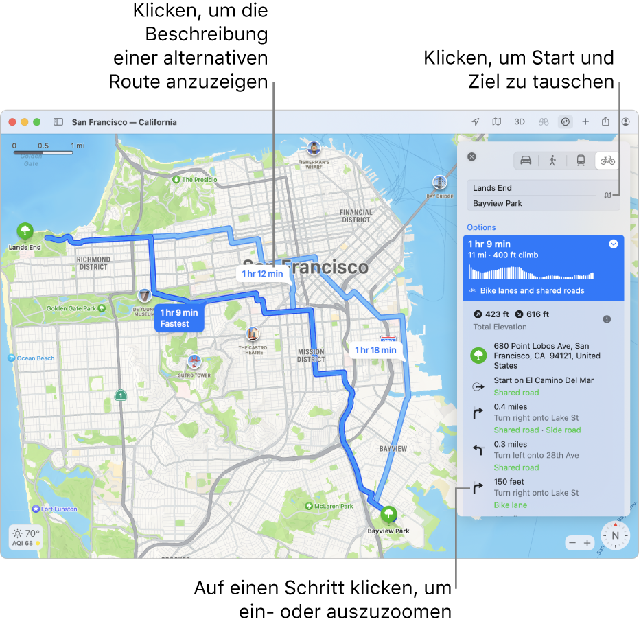 Eine Karte von San Francisco mit einer Fahrradroute, inklusive Höhenunterschied und Verkehrsaufkommen.