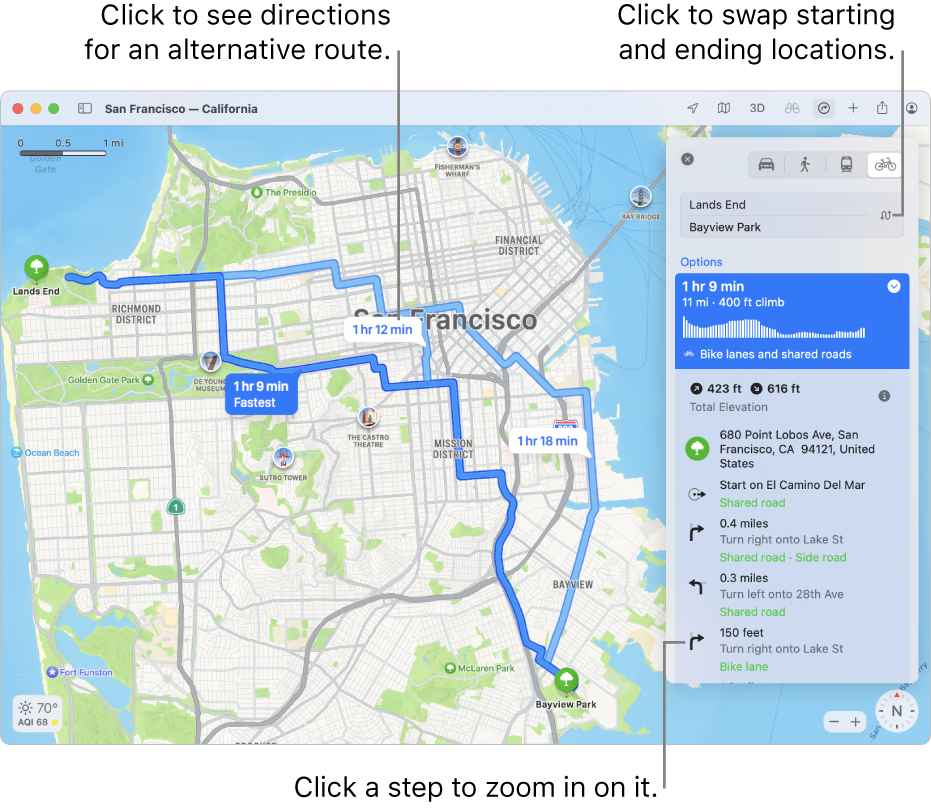 A map of San Francisco with directions for a bicycle route, including elevation and traffic.