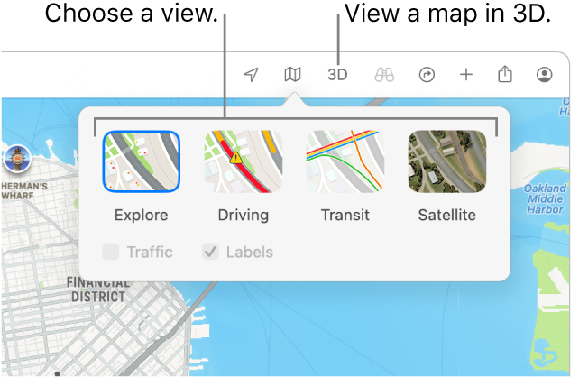 A map of San Francisco displaying map view options: Default, Public Transport, Satellite and 3D.