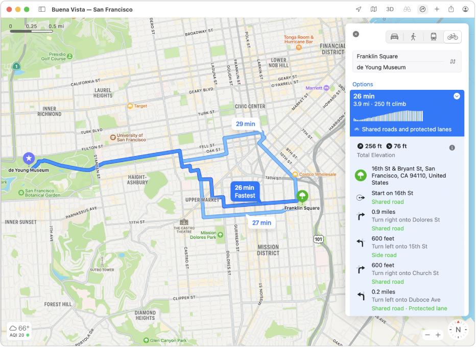 A map of San Francisco with directions for traveling by bicycle, including elevation and traffic.