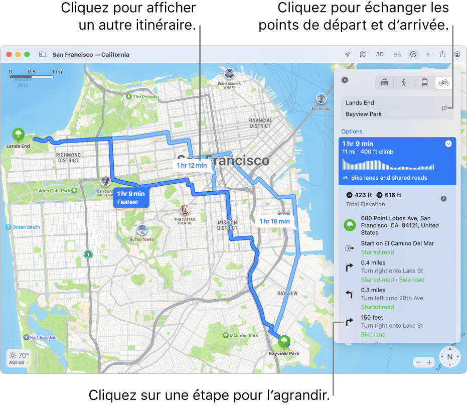 Un plan de San Francisco avec un itinéraire à vélo, y compris le dénivelé et le trafic.