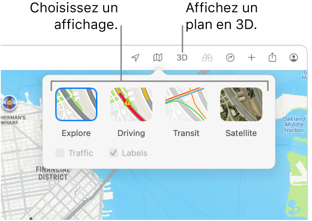 Un plan de San Francisco affichant les options d’affichage : « Par défaut », Transports, Satellite et 3D.