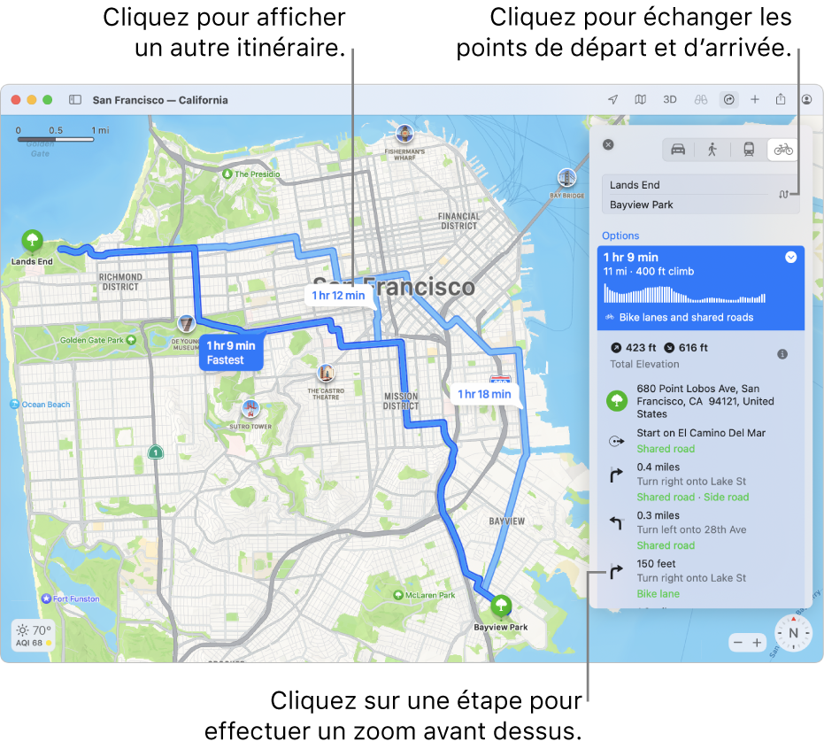 Un plan de San Francisco affichant un itinéraire à vélo, avec les informations relatives au dénivelé et à la circulation.