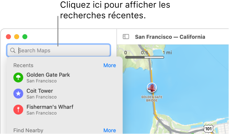Le champ de recherche en haut à gauche, avec plusieurs recherches récentes affichées en dessous.