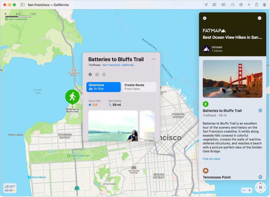 Un plan de San Francisco. Des guides culinaires et touristiques sont affichés à gauche et à droite du plan.