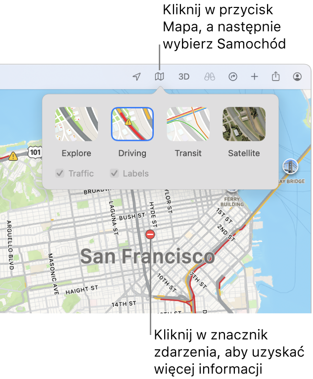 Mapa San Francisco. Widoczne są opcje mapy z zaznaczonym polem wyboru Ruch drogowy. Na mapie wyświetlane są zdarzenia drogowe.