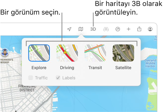 Harita görüntüsü seçeneklerini görüntüleyen bir San Francisco haritası: Saptanmış, Toplu Taşıma, Uydu ve 3D.