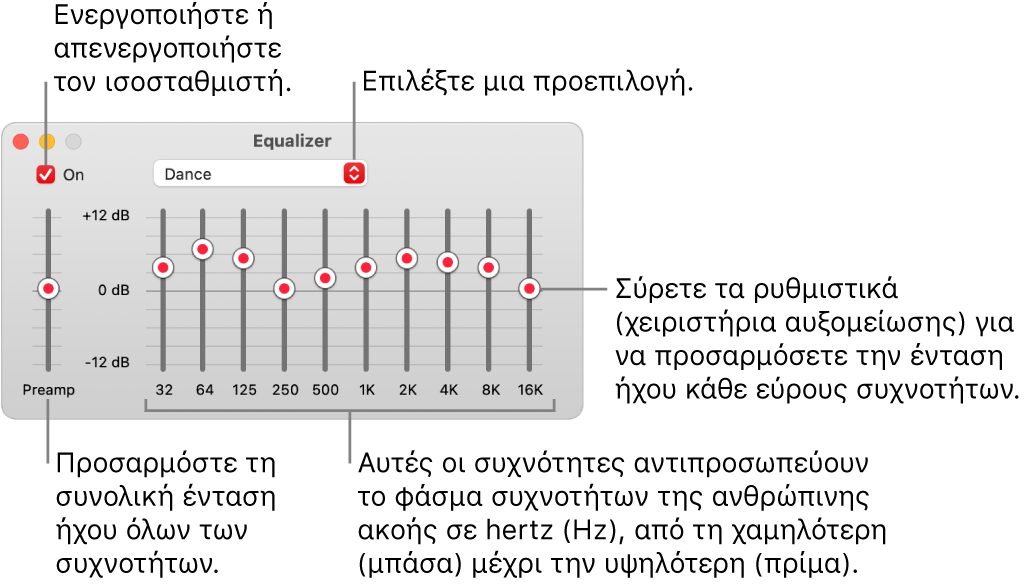 Το παράθυρο ισοσταθμιστή: Το πλαίσιο επιλογής για την ενεργοποίηση του ισοσταθμιστή Μουσικής βρίσκεται στην πάνω αριστερή γωνία. Δίπλα σε αυτό βρίσκεται το αναδυόμενο μενού με τις προεπιλογές ισοσταθμιστή. Στην τέρμα αριστερή πλευρά, προσαρμόστε τη γενική ένταση ήχου των συχνοτήτων με τον προενισχυτή. Κάτω από τις προεπιλογές ισοσταθμιστή, προσαρμόστε το επίπεδο έντασης ήχου των διαφορετικών ευρών συχνοτήτων που αντιπροσωπεύουν το εύρος της ανθρώπινης ακοής από το χαμηλότερο στο υψηλότερο.
