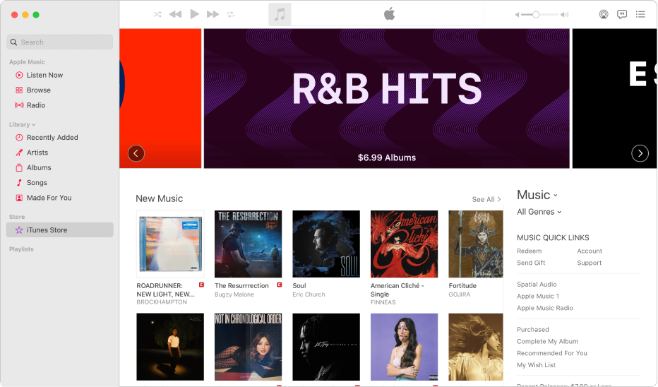 Το κύριο παράθυρο του iTunes Store: Στην πλαϊνή στήλη, το «iTunes Store» είναι επισημασμένο.