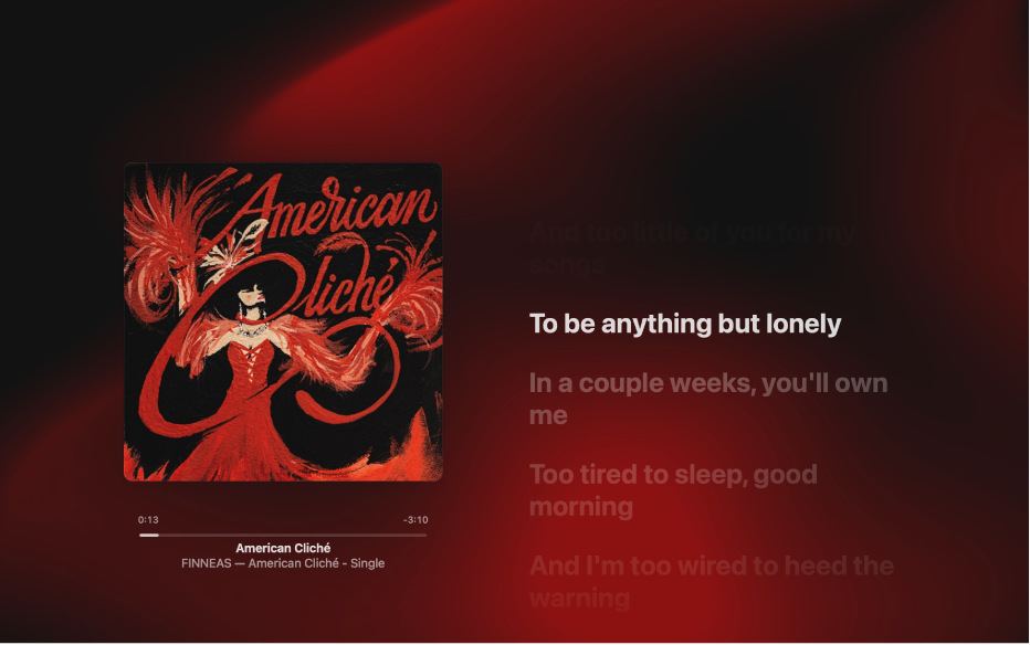 The Full Screen Player with a song playing and lyrics on the right, which appear on-screen in time with the music.