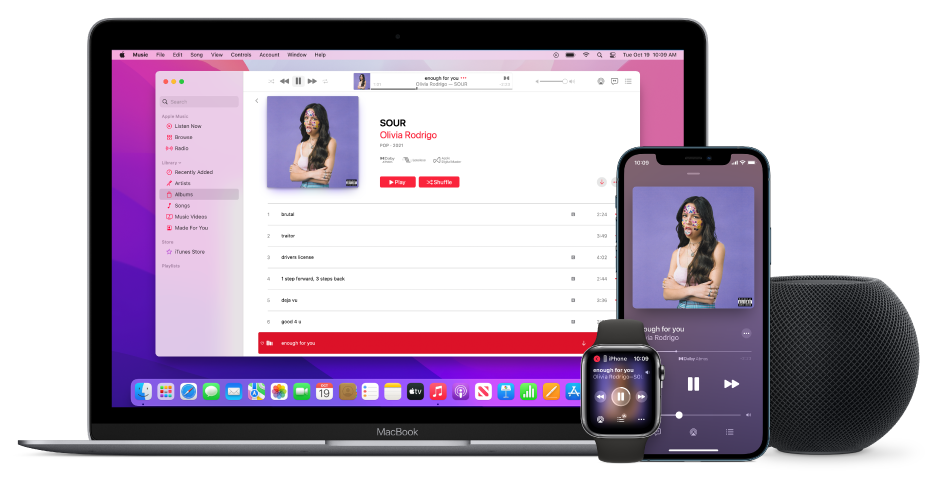 A song playing on a Mac, iPhone and Apple Watch, with a HomePod.