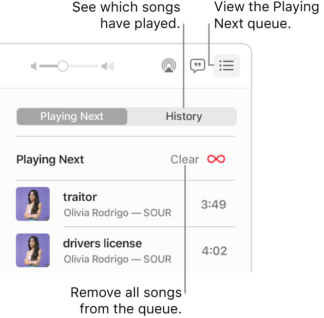 The top-right corner of the Music window with the Playing Next button in the banner showing the Playing Next queue. Click the History link to see the previously played songs. Click the Clear link to remove all songs from the queue.