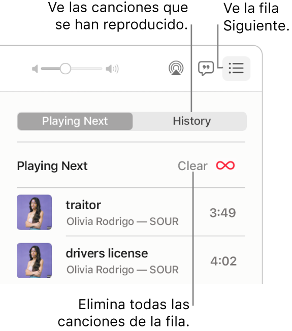 La esquina superior derecha de la ventana de Música con el botón Siguiente en la tira mostrando la fila Siguiente. Haz clic en el enlace Historial para ver las canciones reproducidas anteriormente. Haz clic en el enlace Borrar para eliminar todas las canciones de la fila.