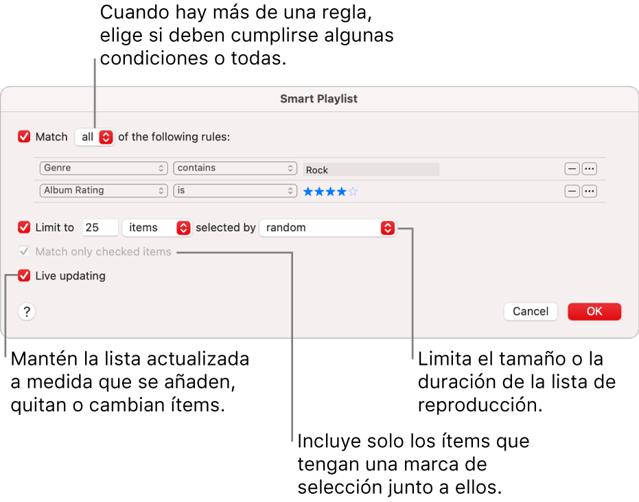 El cuadro de diálogo de “Playlist inteligente”: En la esquina superior izquierda, selecciona “Ítems de” y especifica los criterios de la playlist (como el género o la puntuación). Sigue añadiendo o eliminando reglas haciendo clic en el botón Añadir o Eliminar de la esquina superior derecha. Selecciona varias opciones en la parte inferior del cuadro de diálogo, como el límite del tamaño o la duración de la playlist, si incluir solo las canciones seleccionadas o hacer que Música actualice la playlist si cambian los ítems de la biblioteca.