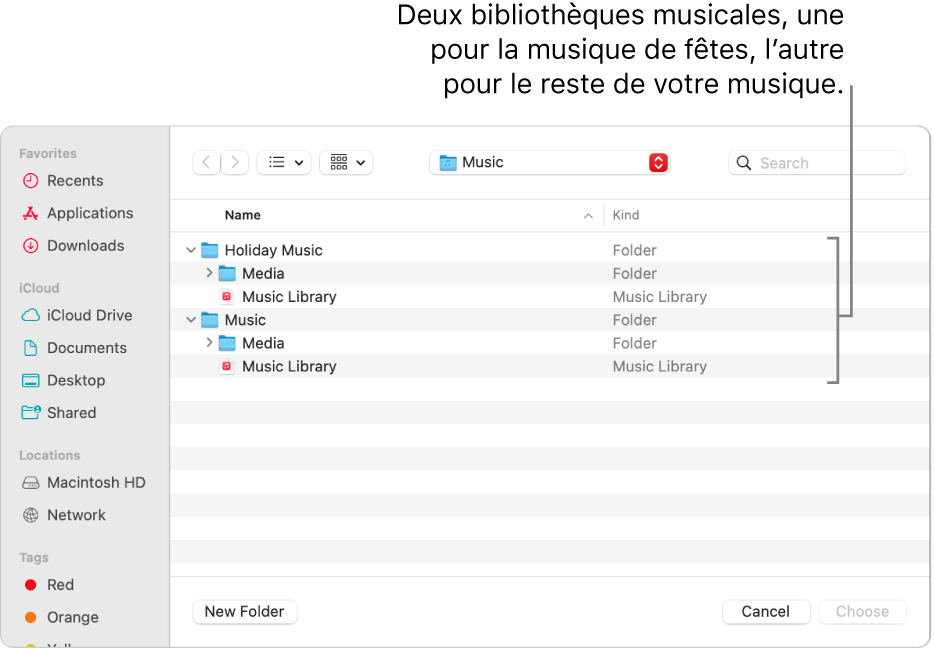 La fenêtre Finder montrant plusieurs bibliothèques : une pour la musique de Noël et l’autre pour le reste de votre musique.