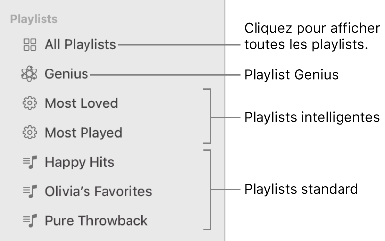 La barre latérale Musique affichant les différents types de playlists : Playlists Genius, intelligente et standard. Cliquez sur « Toutes les playlists » pour les afficher toutes.