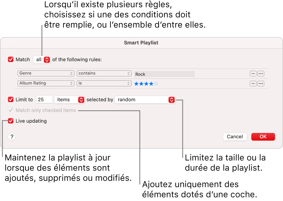 La zone de dialogue « Playlist intelligente » : Dans le coin supérieur gauche, sélectionnez Inclure, puis indiquez les critères de la playlist (comme Genre ou Classement). Continuez d’ajouter ou de supprimer des règles en cliquant sur le bouton Ajouter ou Supprimer en haut à droite. Sélectionnez différentes options dans la partie inférieure de la zone de dialogue, comme la limitation de la taille ou de la durée d’une playlist, l’utilisation exclusive des éléments cochés ou la mise à jour de la playlist par Musique lorsque votre bibliothèque est modifiée.