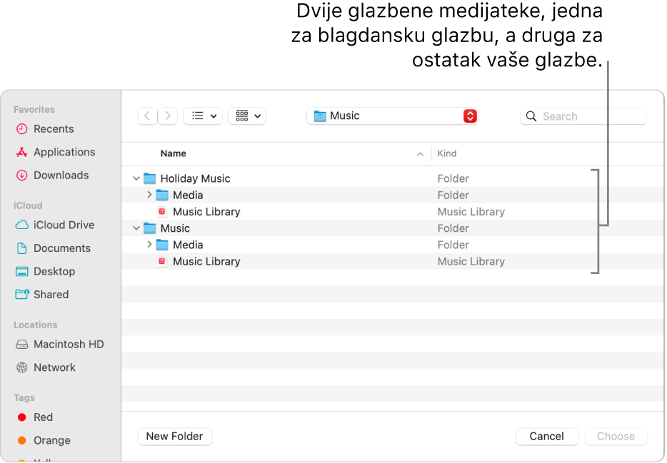 Prozor Findera s prikazom više medijateka – jedna s blagdanskom glazbom i druga za ostatak vaše glazbe.