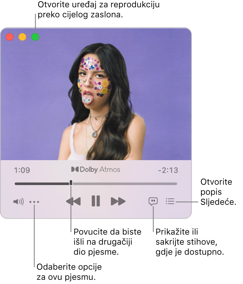 Prošireni MiniPlayer prikazuje kontrole za pjesmu koja se reproducira. U gornjem lijevom kutu nalazi se zelena tipka koja se koristi za otvaranje uređaja za reprodukciju preko cijelog zaslona. Na dnu prozora nalazi se kliznik koji možete povući kako biste prešli na drugi dio pjesme. Ispod kliznika s lijeve strane nalazi se tipka Više gdje za pjesmu koja se reproducira možete odabrati opcije prikaza i ostale opcije. Sasvim desno ispod kliznika nalaze se dvije tipke – tipka Stihovi za prikaz ili skrivanje dostupnih stihova, tipka Sljedeće koja prikazuje što će se sljedeće reproducirati.