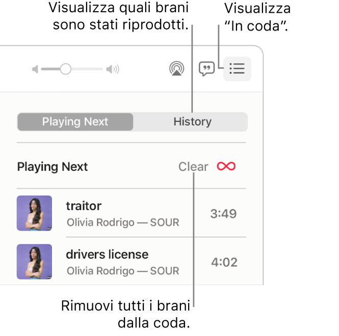 L'angolo superiore destro della finestra di Musica con il pulsante Successivo nel banner che mostra “In coda”. Fai clic sul link Cronologia per visualizzare i brani riprodotti in precedenza. Fai clic sul link Cancella per rimuovere tutti i brani dalla coda.
