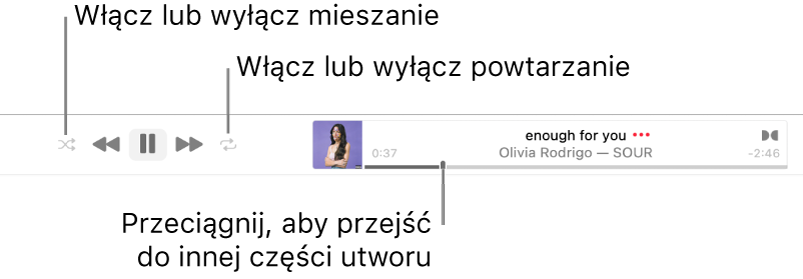 Baner oraz odtwarzany utwór. Przycisk mieszania znajduje się w lewym górnym rogu; przycisk powtarzania znajduje się w prawym górnym rogu. Przeciągnij głowicę, aby przejść do innej części utworu.