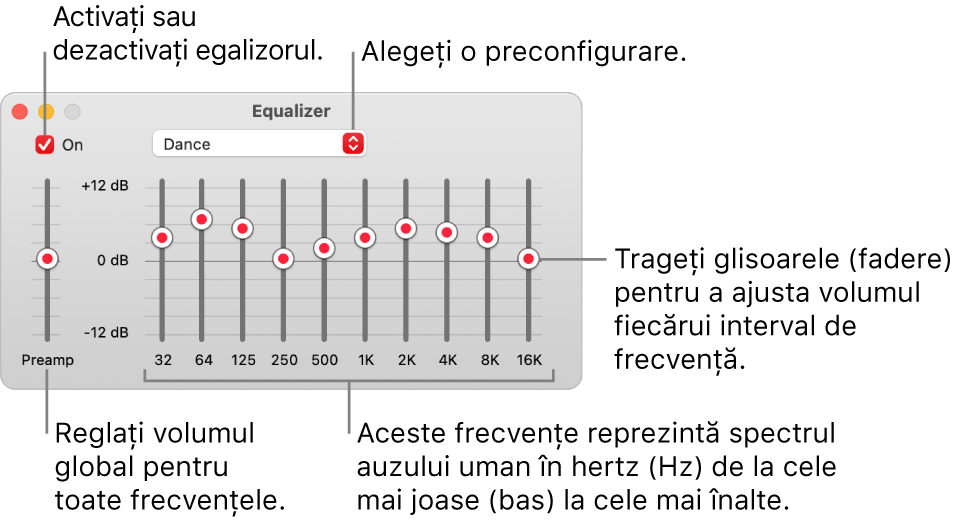 Fereastra Egalizor: Caseta de validare pentru activarea egalizorului Muzică se află în colțul din stânga sus. Lângă aceasta, se află meniul pop-up cu preconfigurările pentru egalizor. În partea stângă extremă, ajustați volumul general al frecvențelor cu preamplificatorul. Sub preconfigurările pentru egalizor, ajustați nivelul sunetului diferitelor intervale de frecvență care reprezintă spectrul auzului uman de la cel mai jos până la cel mai ridicat.