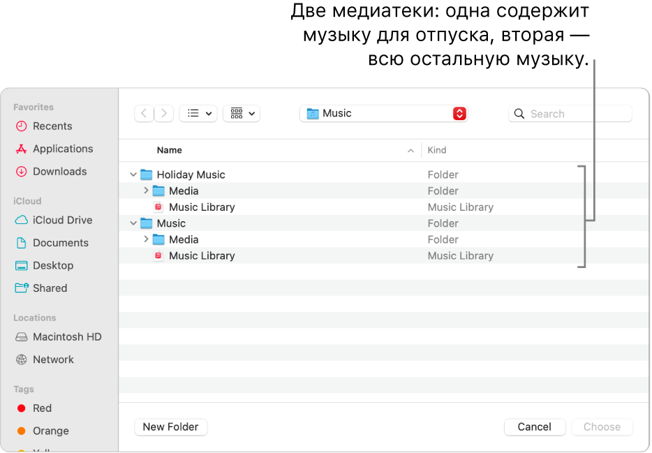 В окне Finder показано несколько медиатек: одна медиатека содержит музыку для отпуска, другая — всю остальную музыку.