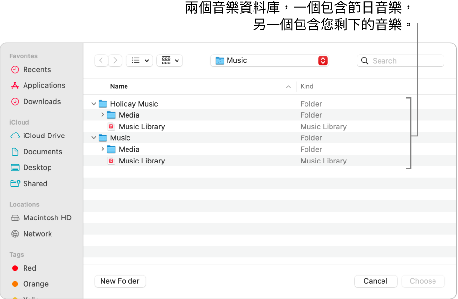 Finder 視窗顯示多個資料庫,一個包含節慶音樂、另一個包含您其餘的音樂。