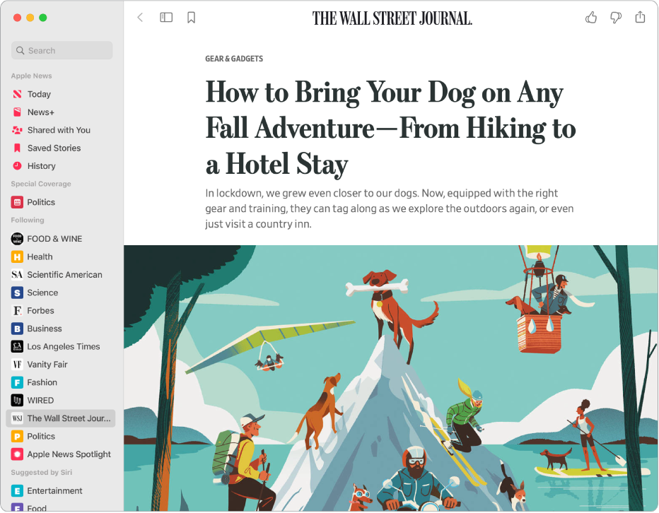 The Apple News window showing a channel selected in the sidebar and a story from the channel on the right.
