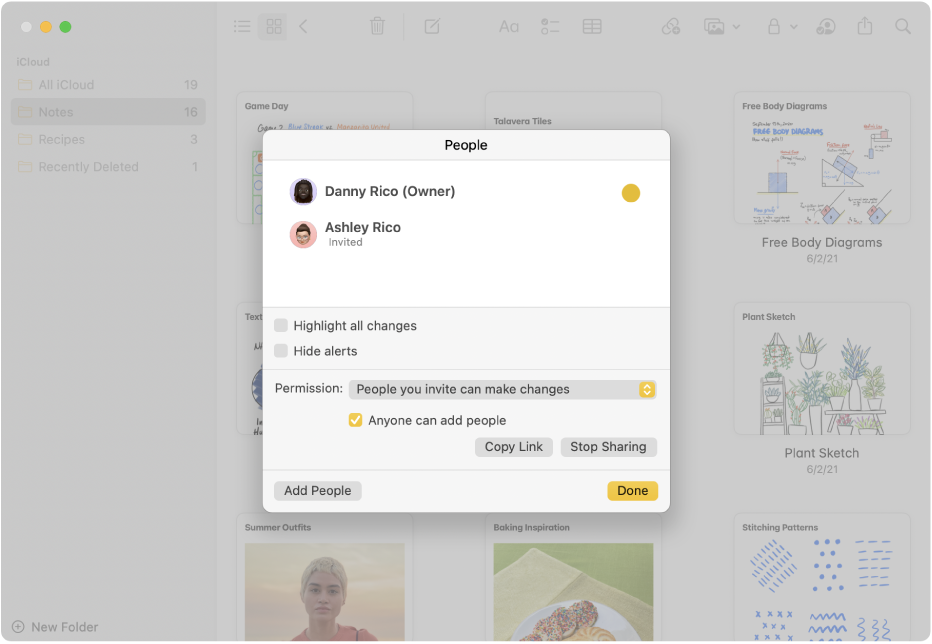 Notes in gallery view after choosing to manage a shared note. You see a list of the people who have been added to the note and the options available.