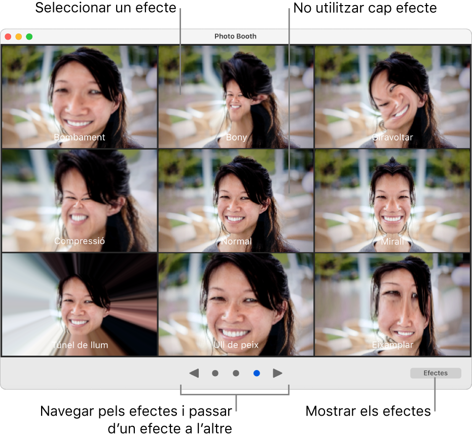 Finestra del Photo Booth que mostra una pàgina d’efectes, com ara els efectes de mirall i de compressió, entre altres. Els botons d’exploració estan a la part inferior central de la finestra amb el botó Efectes a la part inferior dreta.