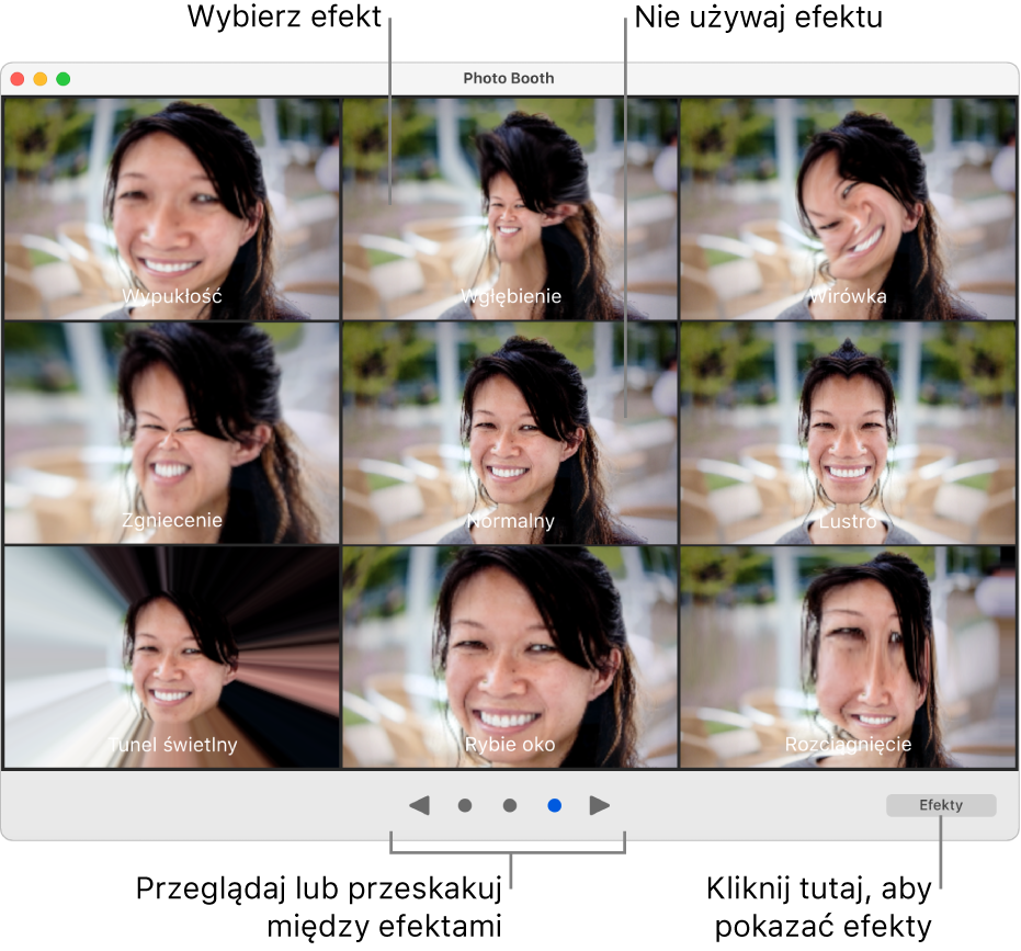 Okno aplikacji Photo Booth wyświetlające stronę z efektami, takimi jak Sklonowany, Wyciśnięcie i inne. Przycisk Przeglądaj jest na dole, na środku, oraz przycisk Efekty w prawym dolnym rogu okna.