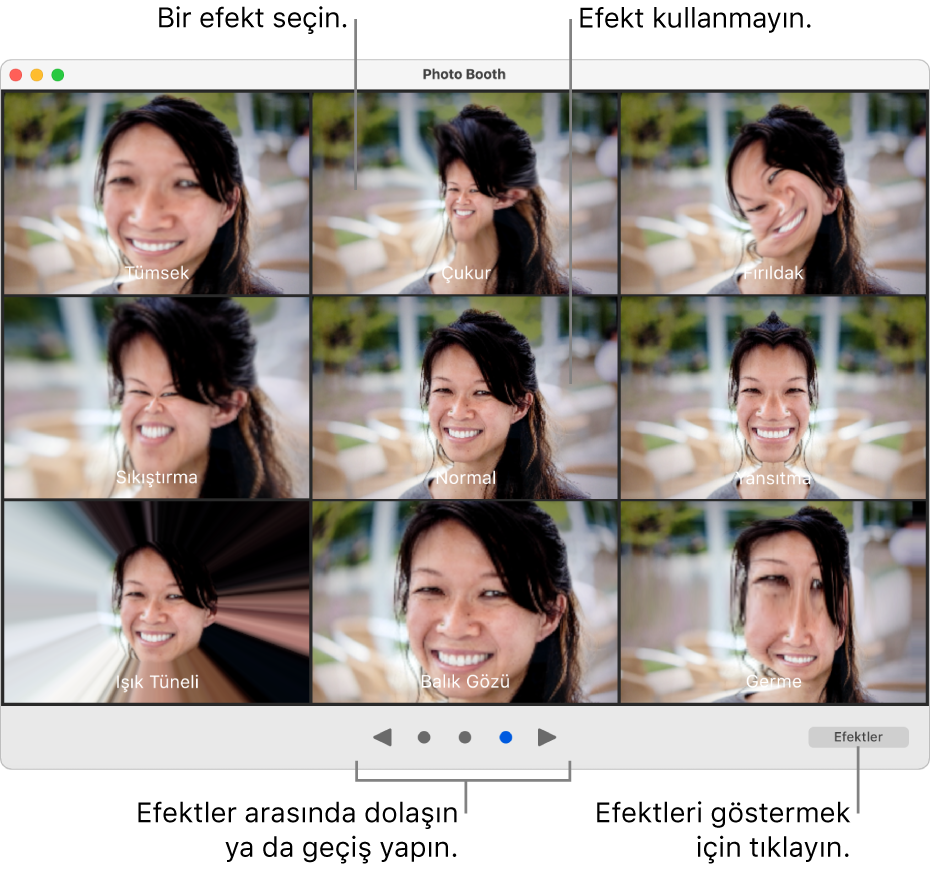 Ayna, Sıkıştırma vb. efektler sayfasını gösteren bir Photo Booth penceresi. Göz atma düğmeleri pencerenin alt kısmında ortada, Efektler düğmesi ise sağ alttadır.