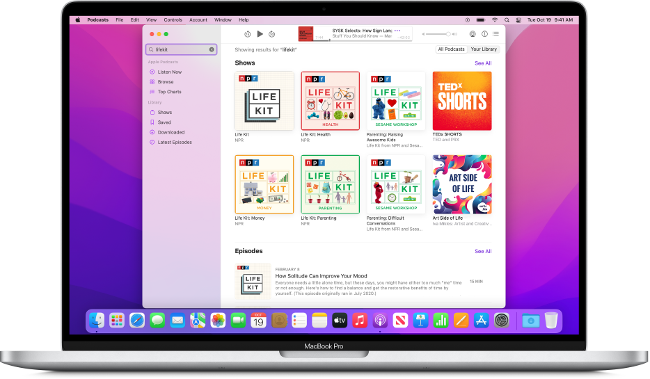 Apple Podcasts-vinduet, der viser søgeord og resultatet.