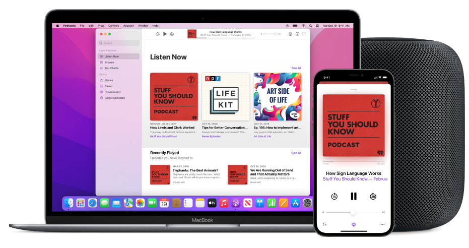 Skærmen Lyt nu i Apple Podcasts-vinduet på en Mac og iPhone med en HomePod i baggrunden.