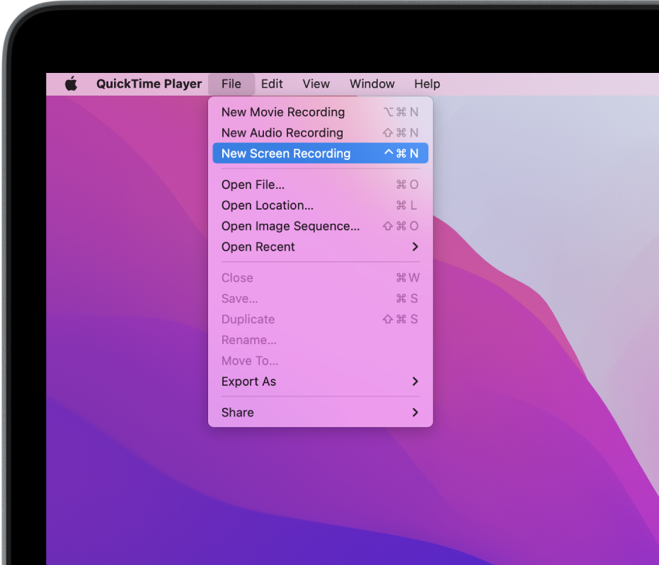 En la app QuickTime Player, el menú Archivo está abierto y se elige el comando “Nueva grabación de pantalla” para empezar a grabar la pantalla.