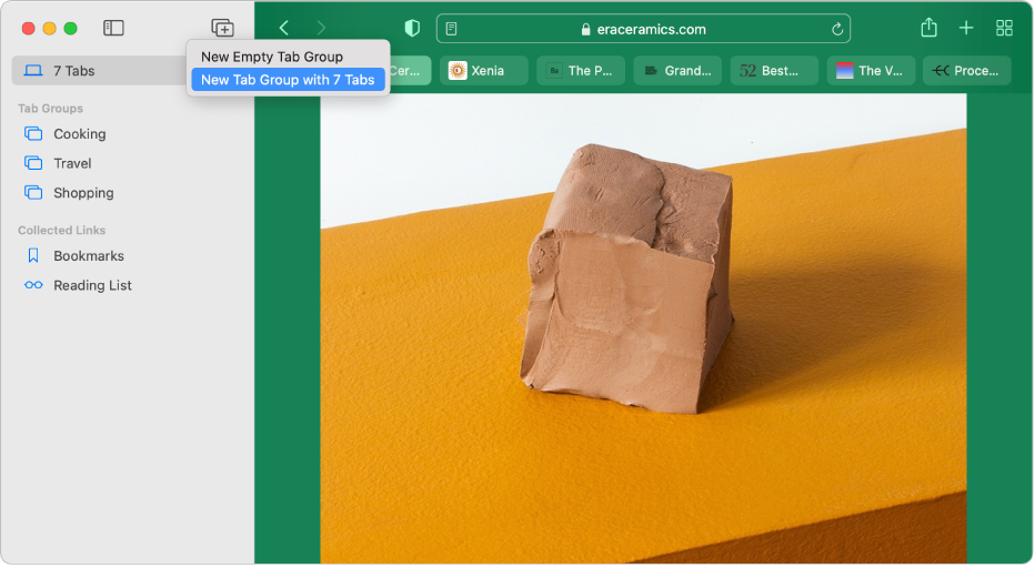 A Safari window showing the sidebar with existing Tab Groups, the main window with several tabs open, and options to create a new Tab Group.