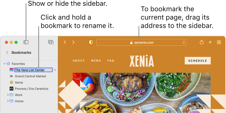 A Safari window showing bookmarks in the sidebar; one bookmark is selected for editing.