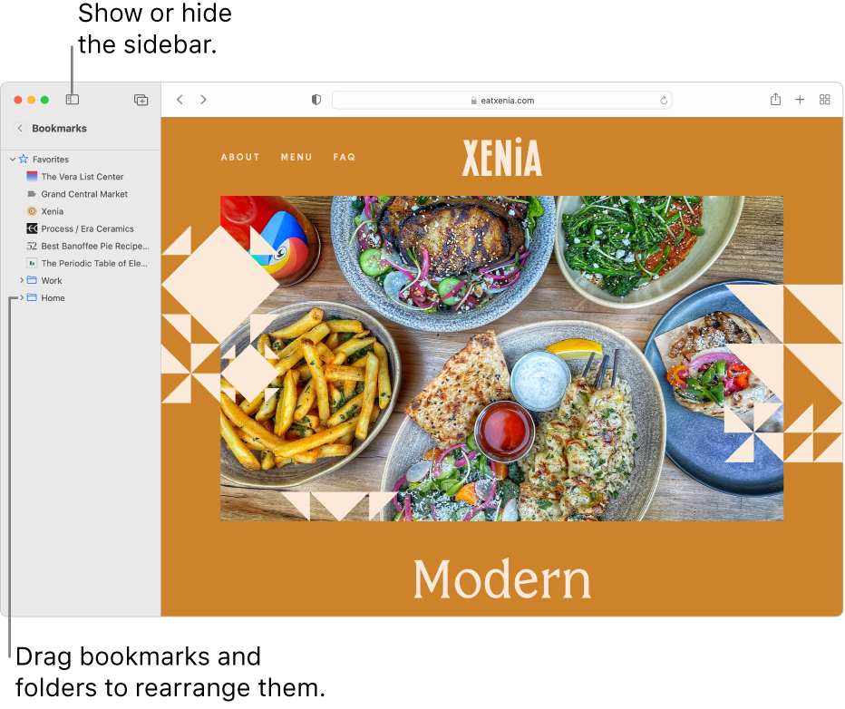 A Safari window showing bookmarks in the sidebar; one bookmark is selected for editing.